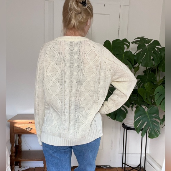 Vintage Cream Cable Knit Cardigan – Chunky Knit, Button Front L/XL - Picture 3 of 4